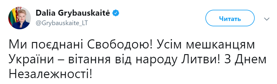 ''Ми поєднані Свободою!'' – президент Литви українською мовою привітала Україну з Днем Незалежності