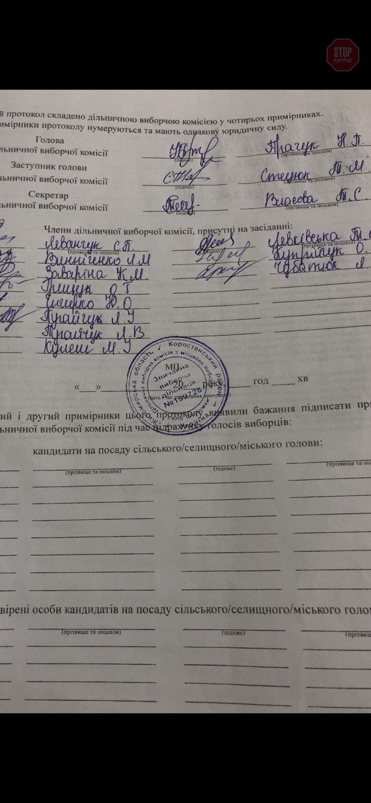  Фіктивний протокол Овруцької ТВК без дати і часу Фото: СтопКор