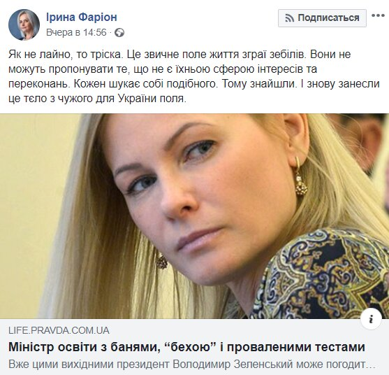 ''Как не дерьмо, то щепка'': Фарион набросилась на команду Зеленского