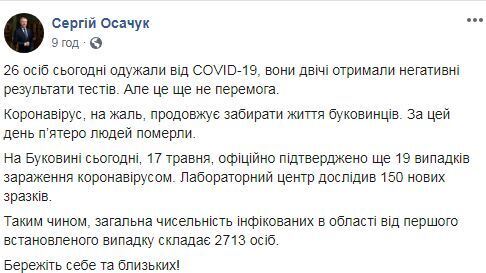За минувшие сутки в Черновицкой области умерли пять человек с подтвержденным COVID-19, - ОГА