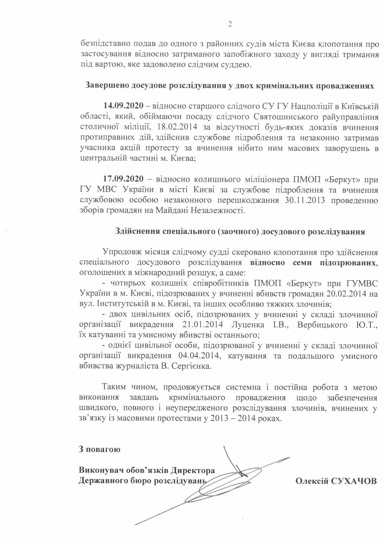 Звіт про розслідування «справ Майдану» за вересень 2020 року