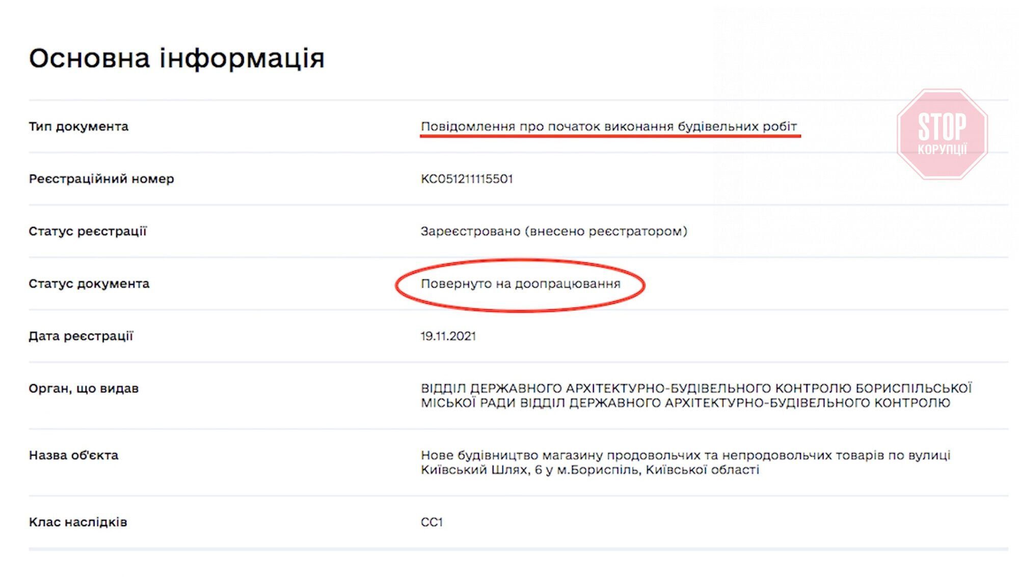  Бориспільський ДАБК повернув повідомлення на доопрацювання Фото: скриншот