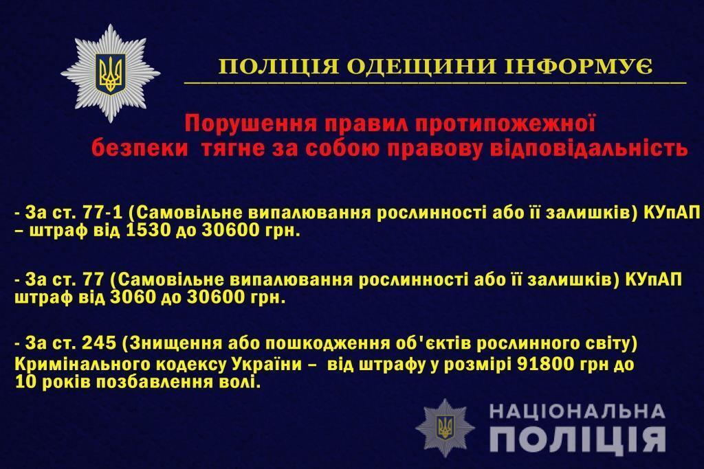 Поліцейські Одещини нагадують: недотримання правил пожежної безпеки не тільки загрожує життю та здоров'ю людей, а й може мати правові наслідки для порушника