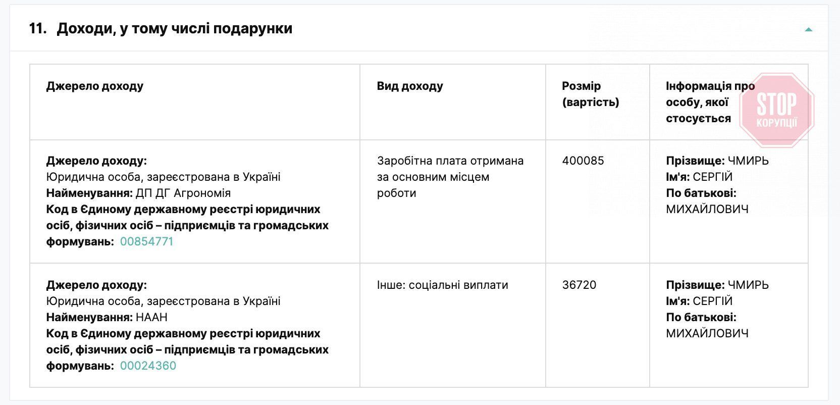  Сергій Чмирь заробив близько 400 тис. грн за рік Фото: скриншот