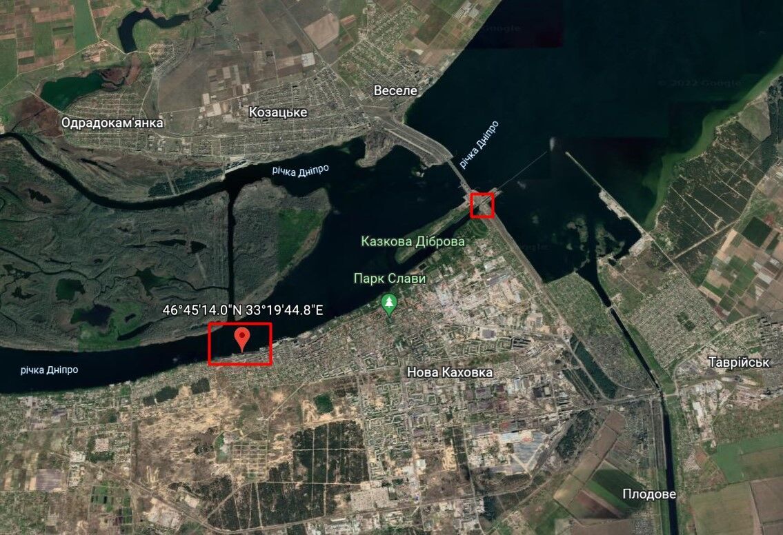 Місцезнаходження двох точок, по яким вдарили ЗСУ у районі Нової Каховки на Херсонщині