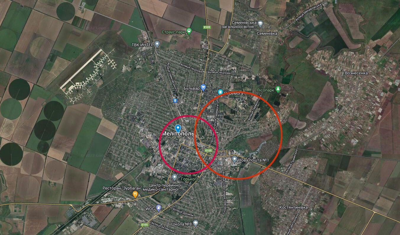 Райони Мелітополя, де стались вибухи (орієнтовно)