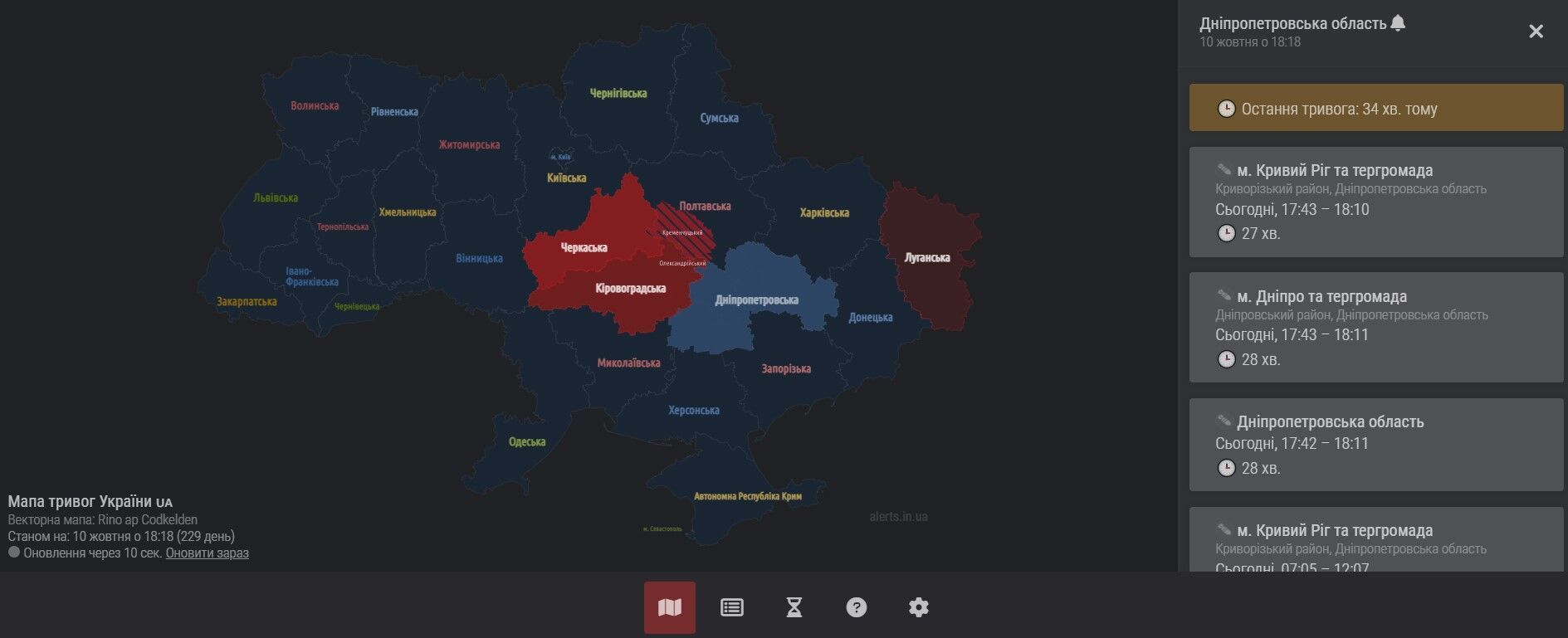 Карта воздушных тревог: Днепропетровская область