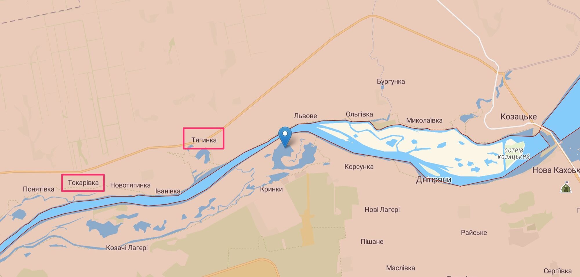 Тягинка и Токаревка расположены вдоль берега Днепра