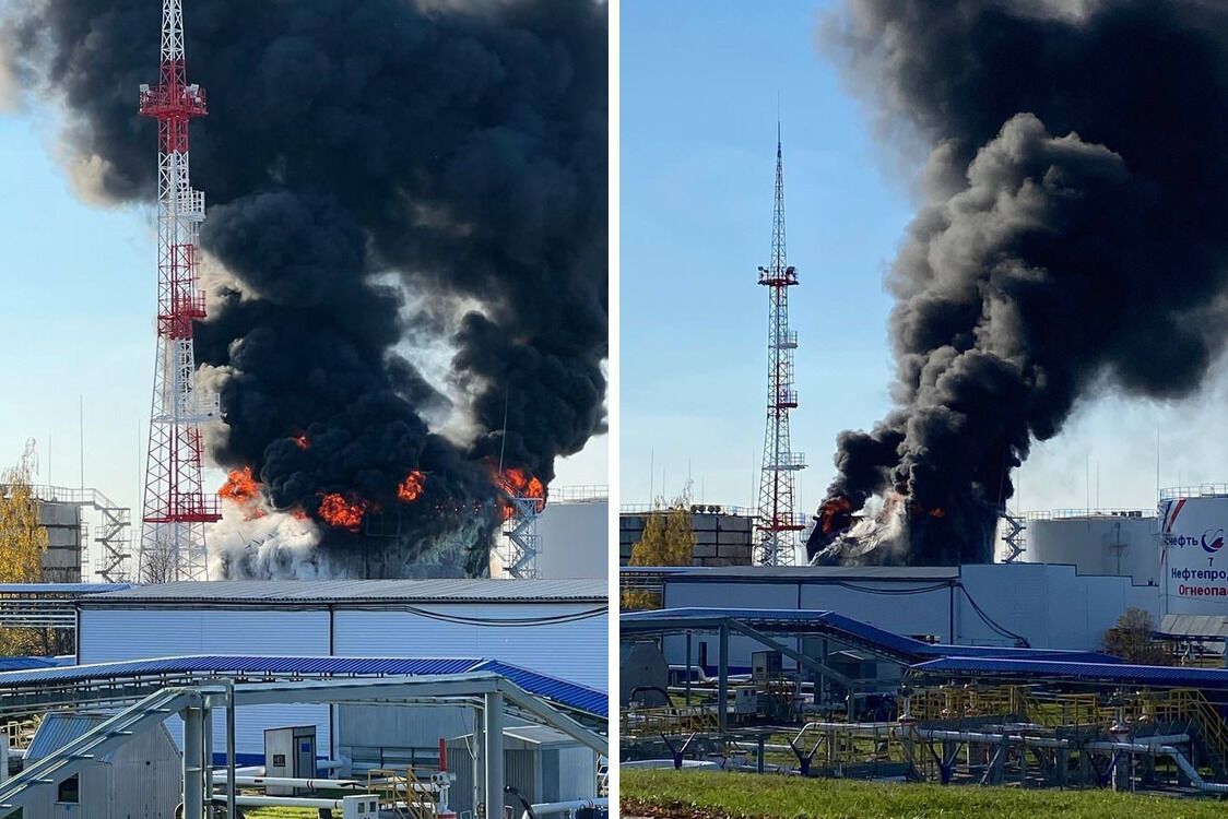 Мощный пожар на нефтебазе в Разумном возле Белгорода в рф