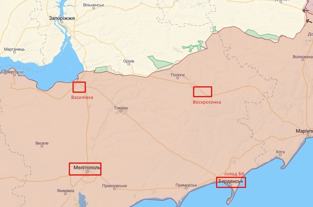 Місця ударів по позиціям армії рф на Запорізькій ділянці фронту