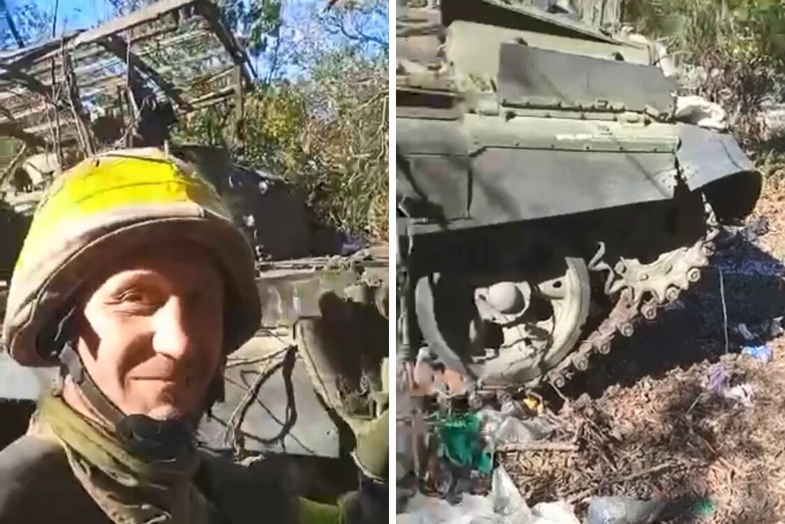 Боєць ЗСУ біля трофейного танку Т-72