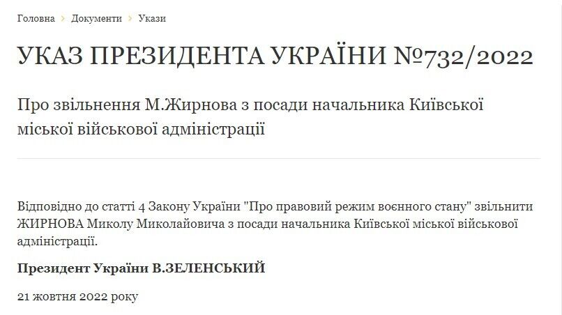 Указ №732/2022 об увольнении Жирнова