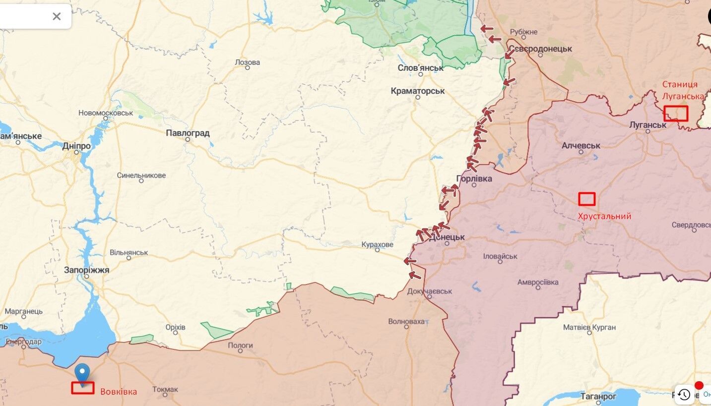 Ситуация на линии фронта к югу от Запорожья, а также в Донецкой и Луганской областях