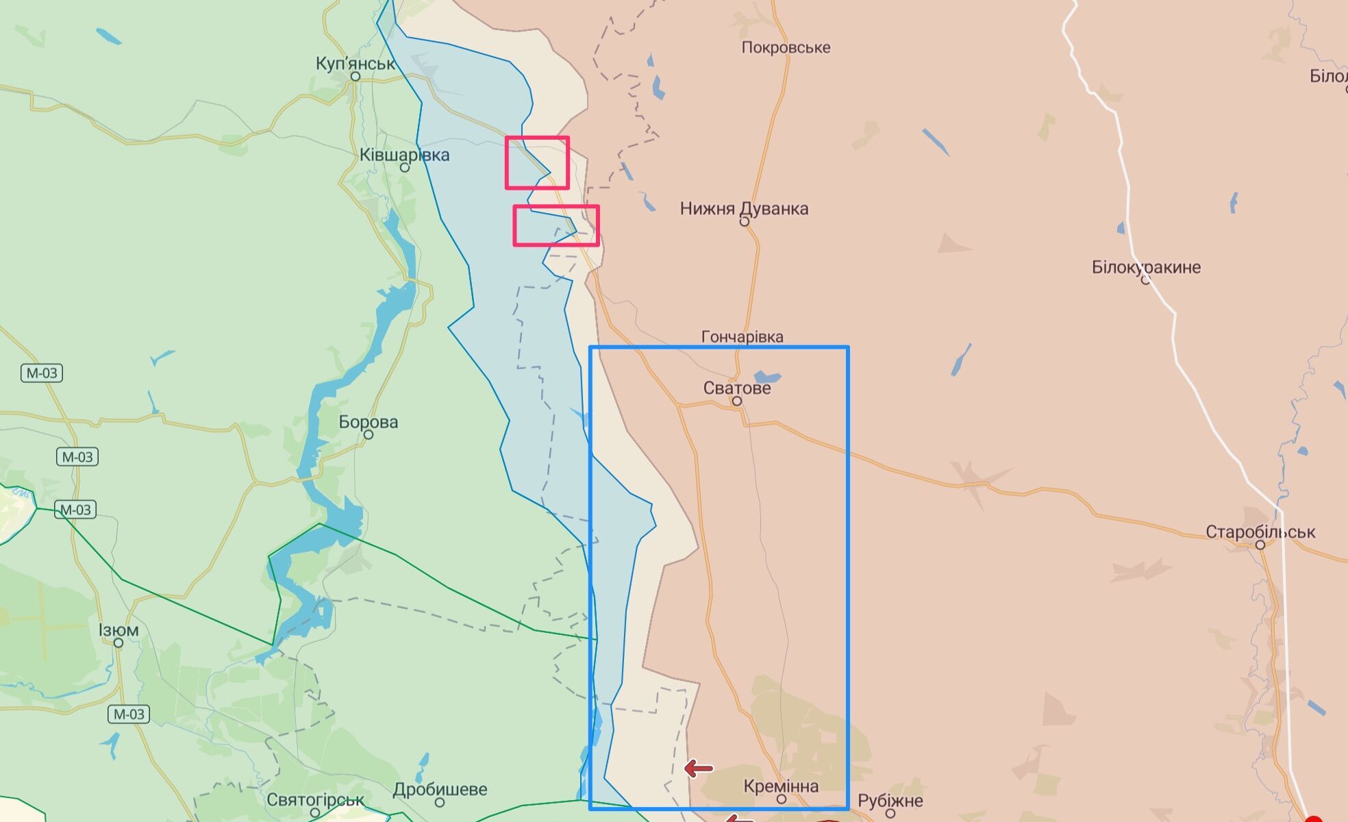 Трасса Р-66 перерезана в двух точках к северу от Сватового, а участок на Кременную простреливается