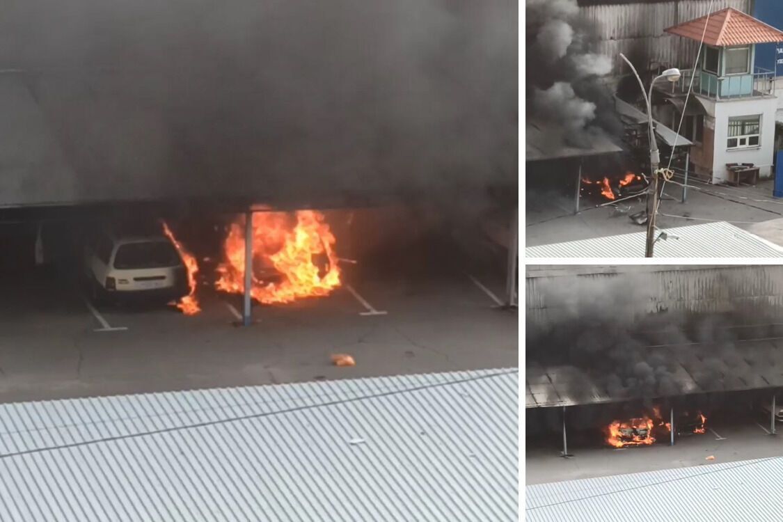 Автівки, які загорілись біля ''управління поліції'' окупантів у Херсоні