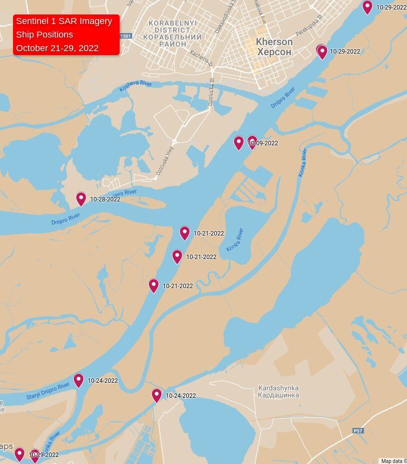 Мапа з позначками локацій, де були помічені баржі