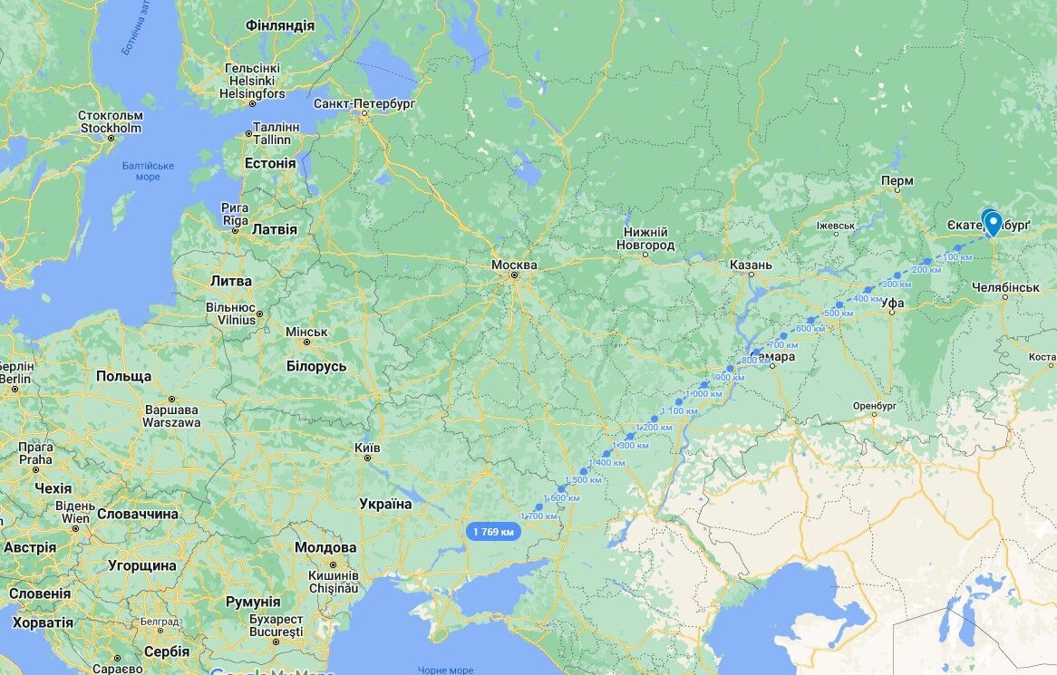 Відстань від Єкатеринбурга у рф до України