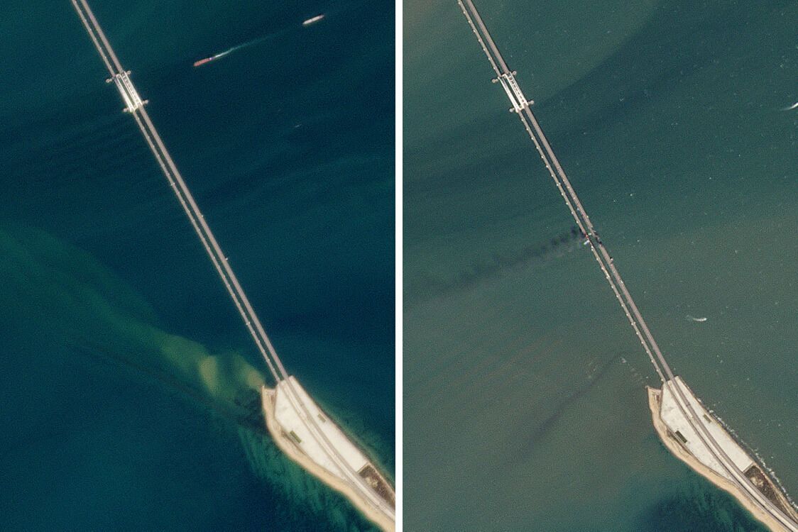 Кримський міст 7 жовтня (зліва) і 8 жовтня (справа)