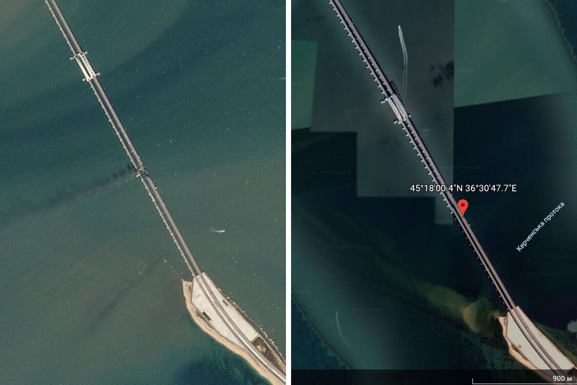 Кримський міст 8 жовтня (зліва) та у сервісі Google Earth (справа)