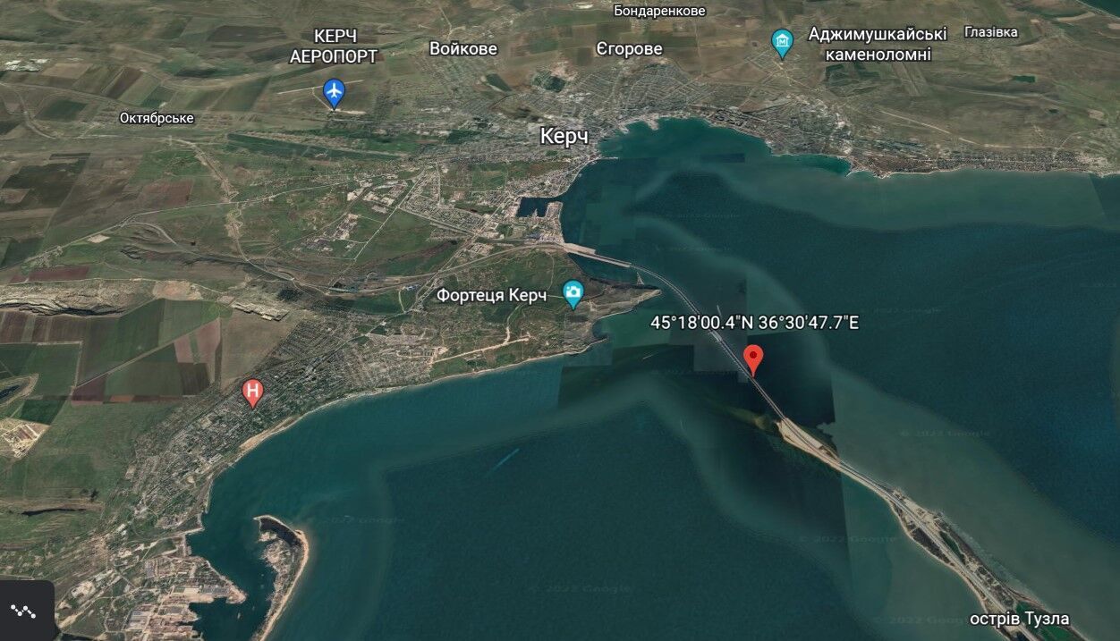 Координаты точки взрыва на Крымском мосту