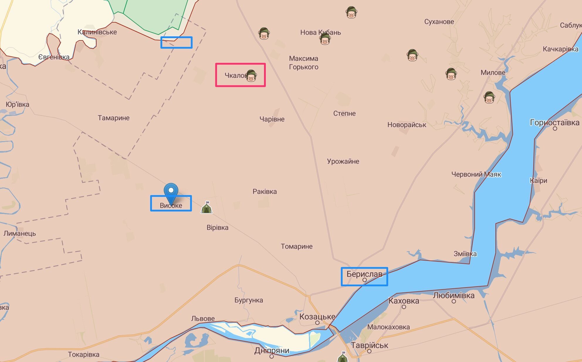 Рухи російської армії на Бериславському напрямку (рожевий колір – умовне послаблення, блакитний – підсилення)