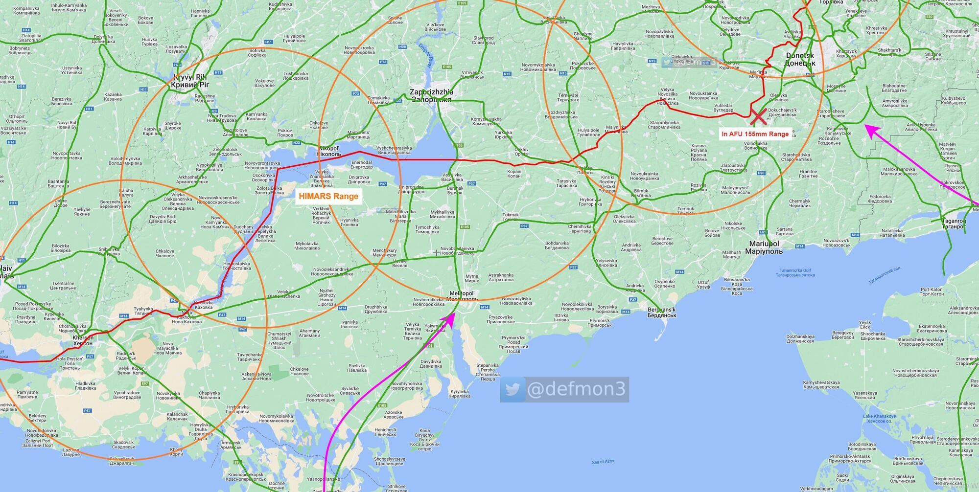 Залізничний ''сухопутний коридор'' з Донбасу на південь у радіусі ураження з позицій ЗСУ
