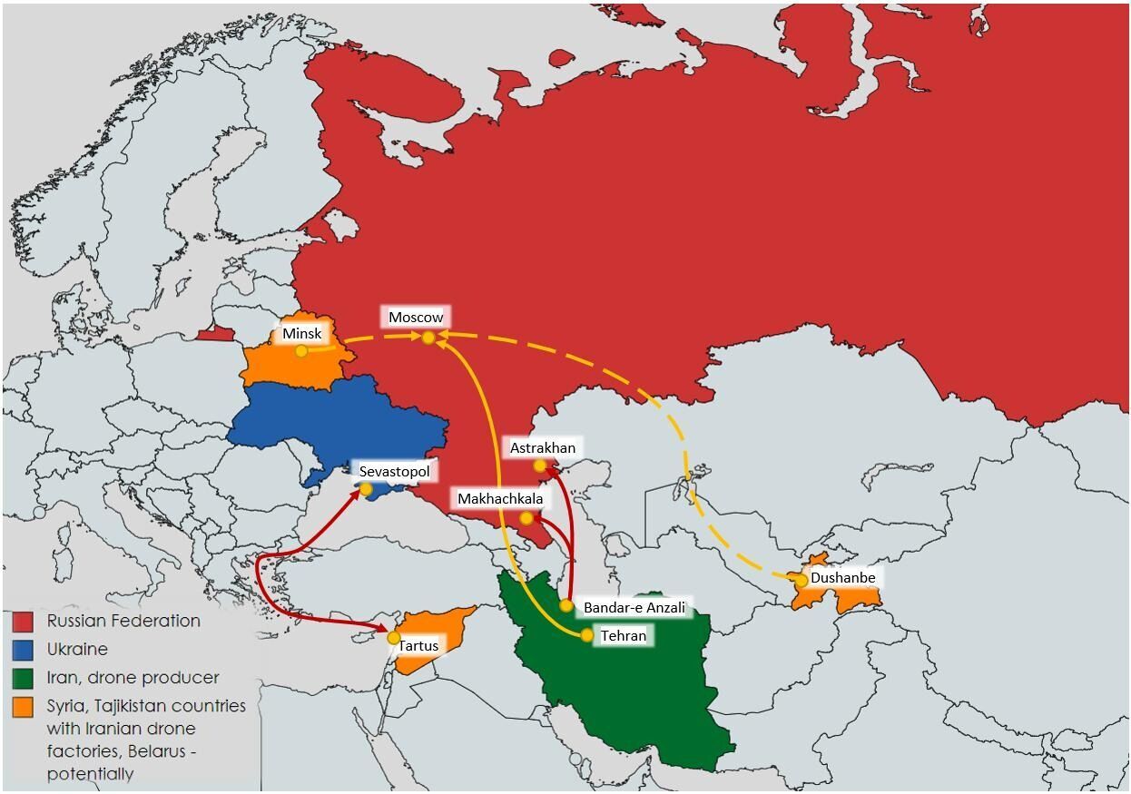 Карта маршрутів, якими Іран транспортує зброю до рф