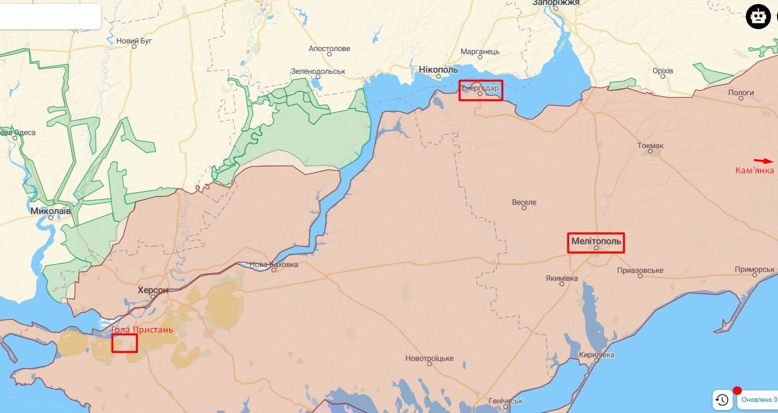 Місця ударів, які нанесла артилерія ЗСУ по позиціям армії рф на Херсонщині та Запоріжчині