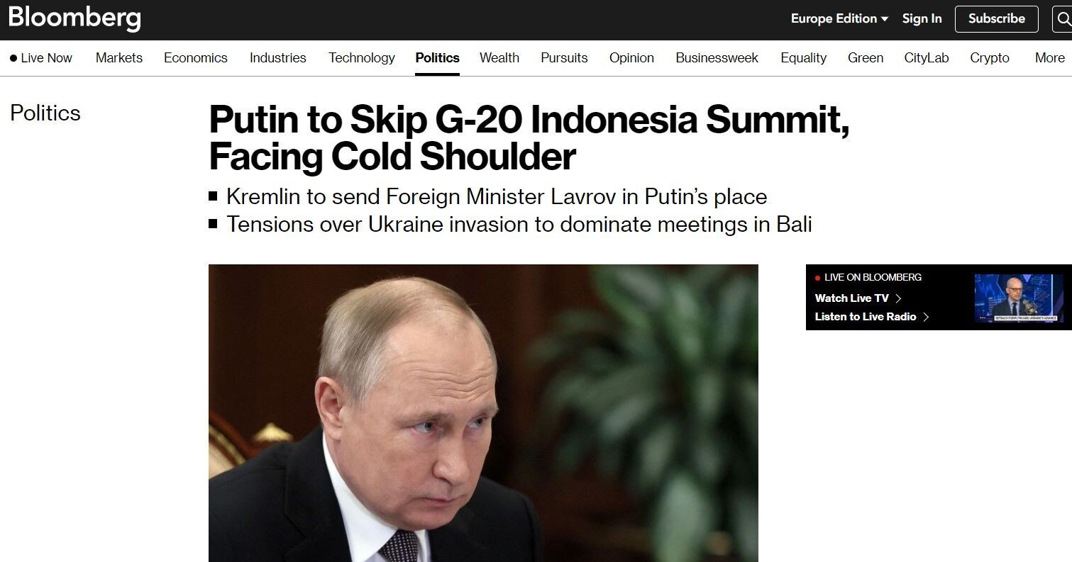 Стаття Bloomberg про можливість візиту путіна на G20 до Індонезії