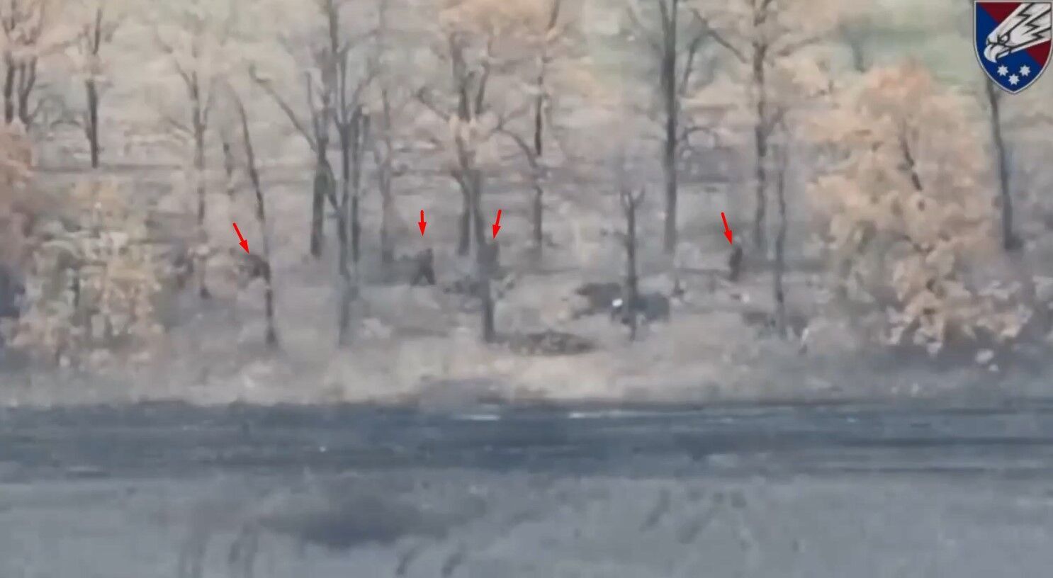 Российские военные пробираются по лесопосадке на Луганщине