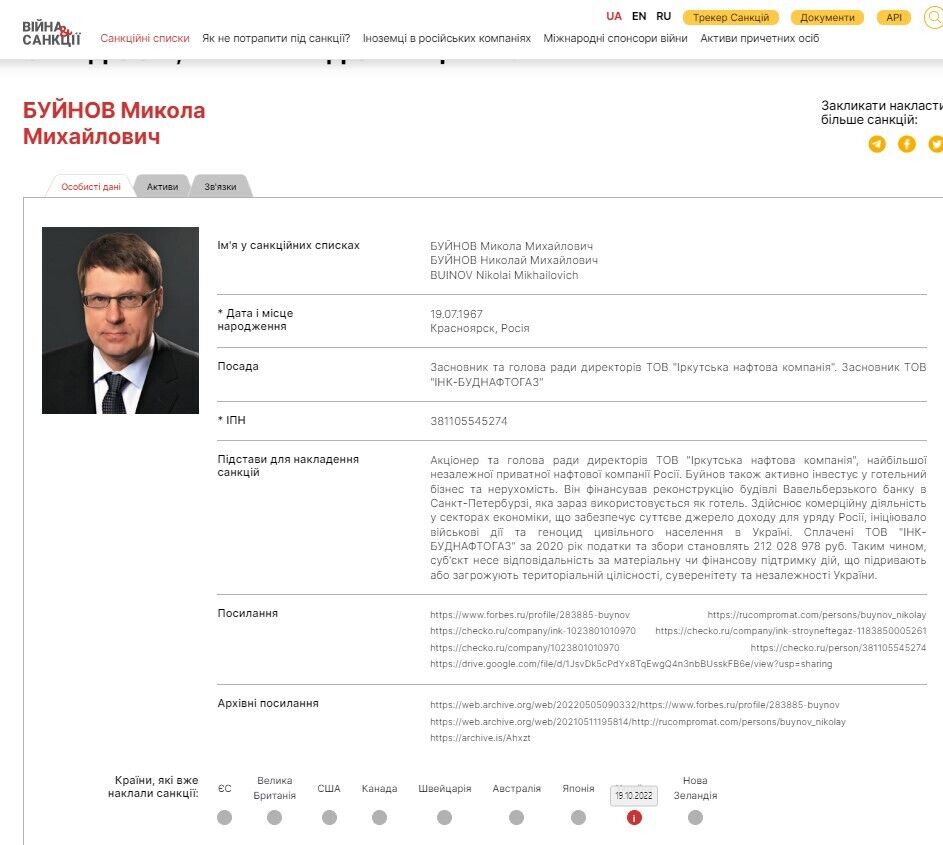 Микола Буйнов - інформація щодо накладання санкцій через підтримку країни-агресора рф
