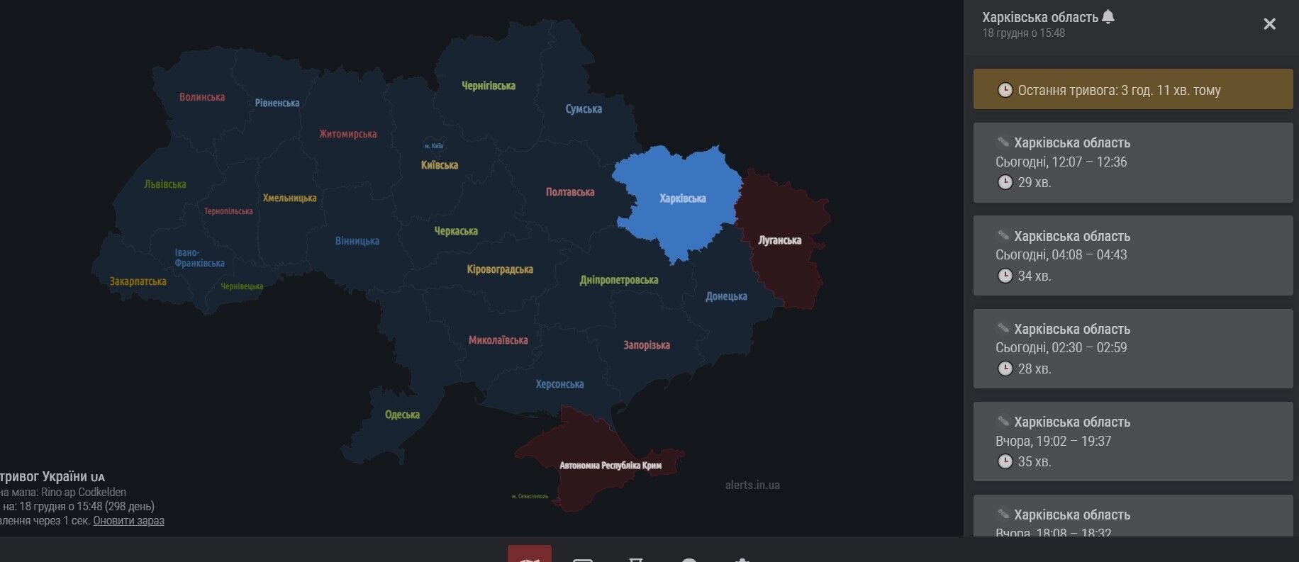 Харьковщина, граничащая с Белгородщиной - карта воздушных тревог