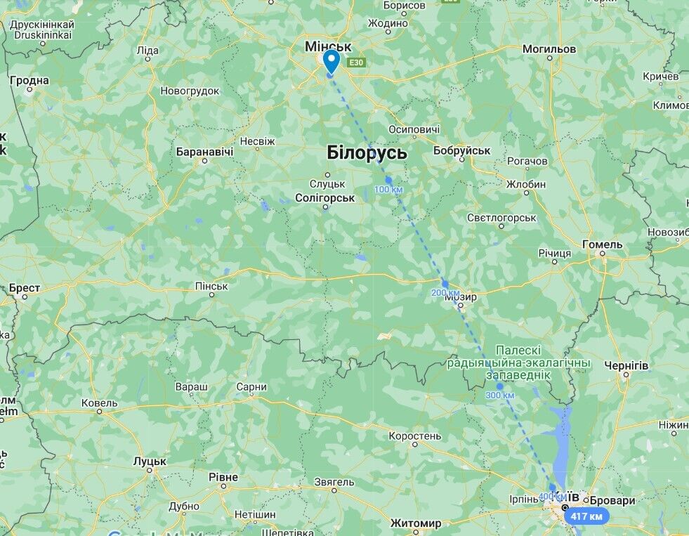 Расстояние от аэродрома в Мачулищах в Белоруссии до Киева в Украине