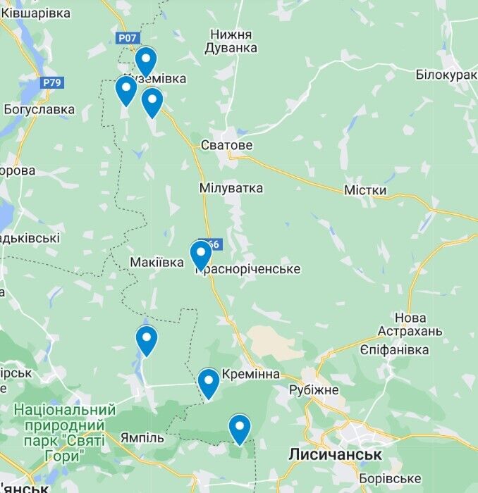 Точки, обстрелянные армией рф возле Сватового и Кременной в Луганской области