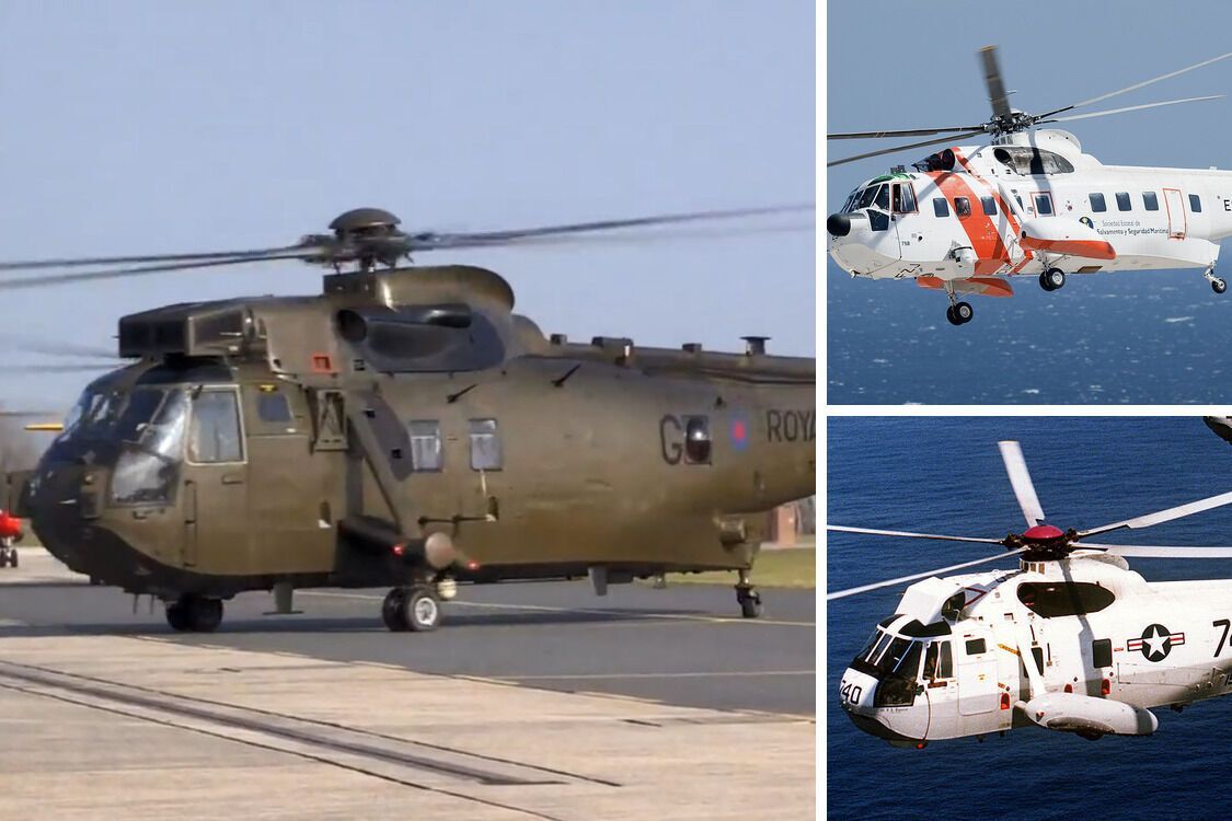 Вертоліт Sea king: зліва - скрін відео Міноборони Британії, справа згори - цивільна модель, справа внизу - військова модель