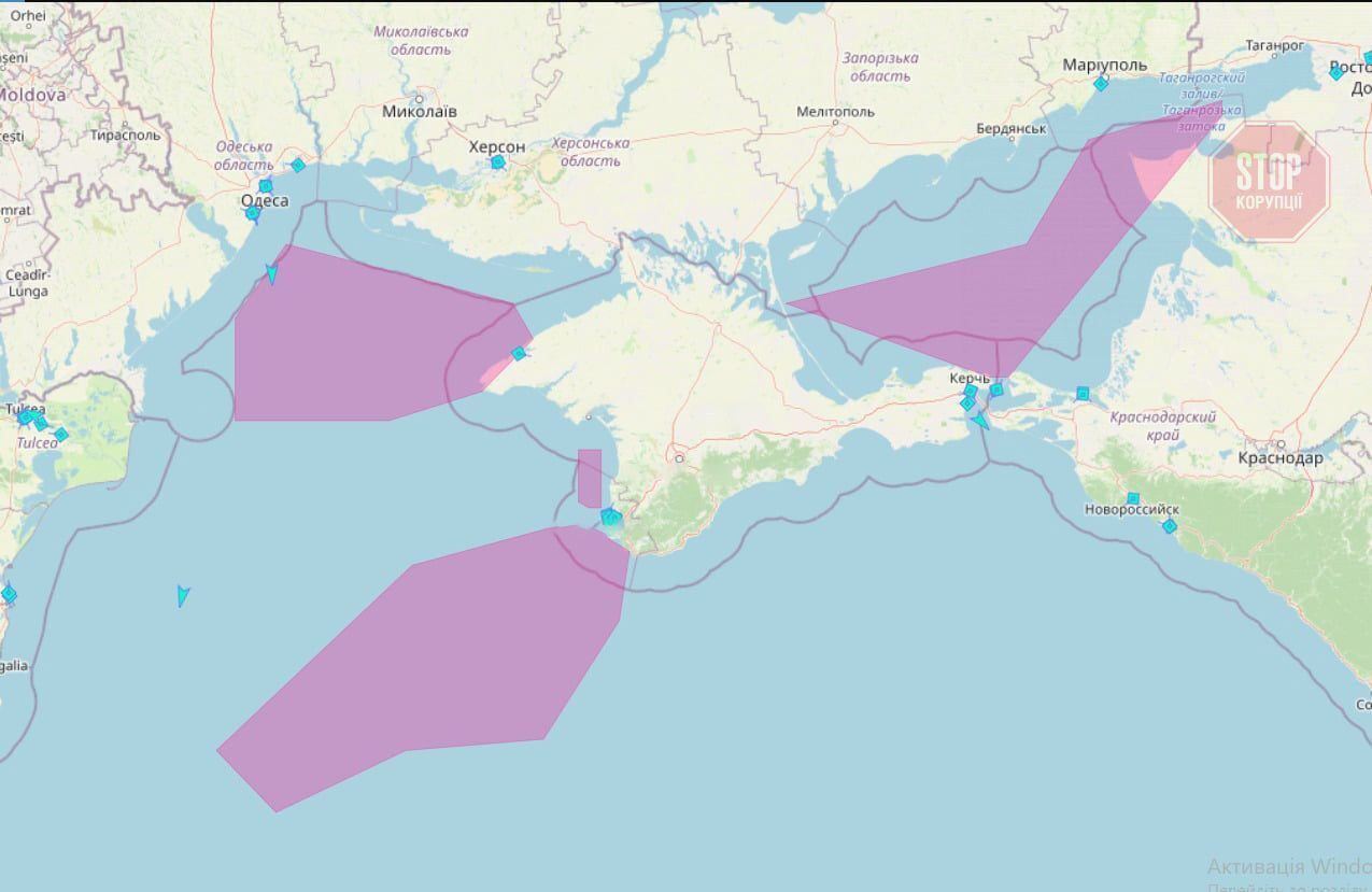  Карта Чорного і Азовського морів, на якій вказані зони, заборонені для судноплавства через військові навчання Росії. Фото: Facеbook ВМФ ЗСУ.