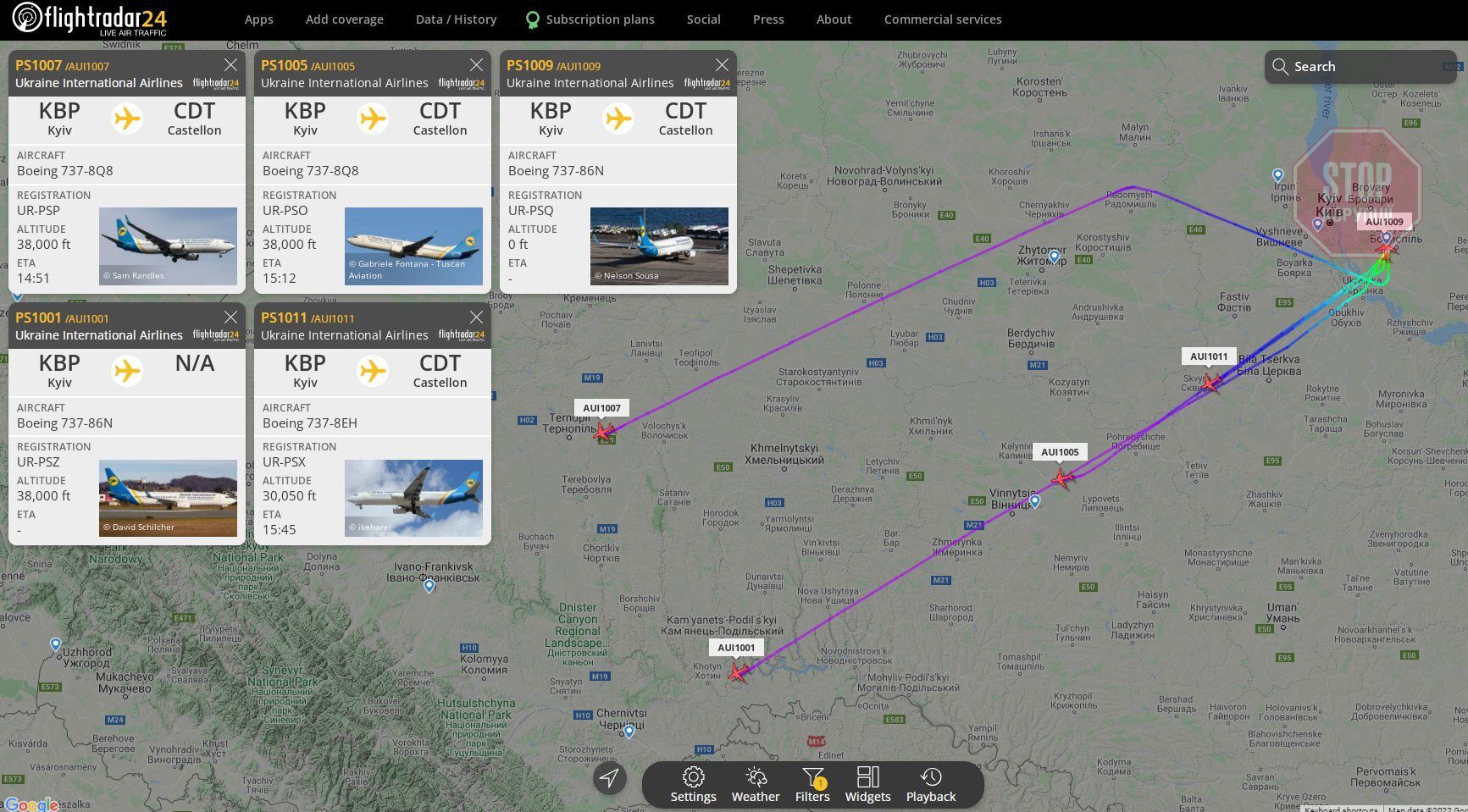  Дані про перельоти літаків МАУ fightradar24.com