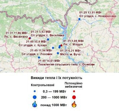 Карта з інформацією про наявність чи відсутність пожеж у Чорнобильській зоні біля ЧАЕС. Фото: Telegram