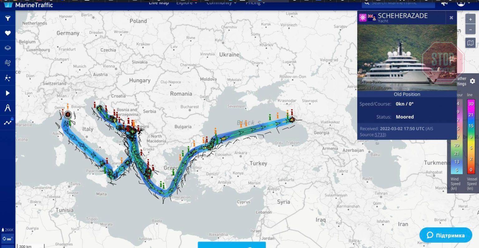  Згідно з даними Marine traffic, “Шехерезада” була в Сочі 7 днів, із 1 по 7 липня 2021 року. Це може свідчити на користь версії, що яхта належить Путіну Фото: УП