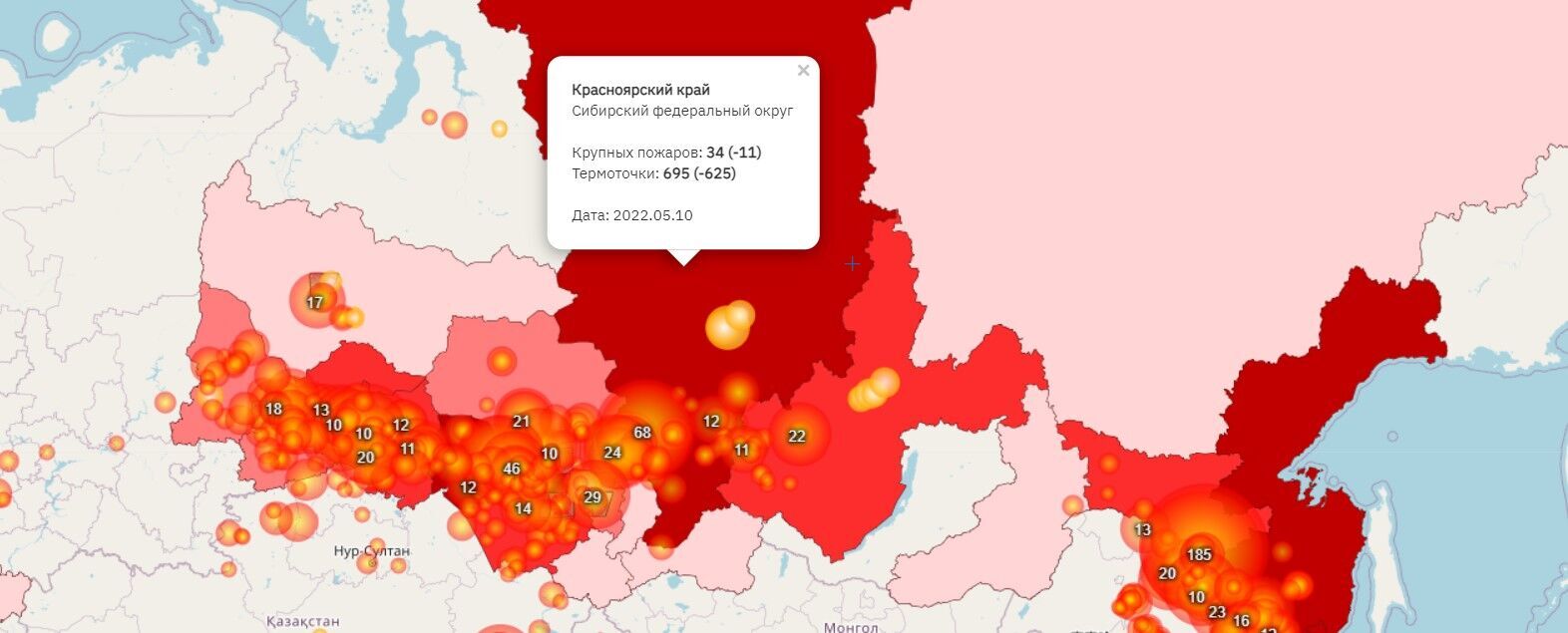 карта пожаров в Сибири в 2022 году