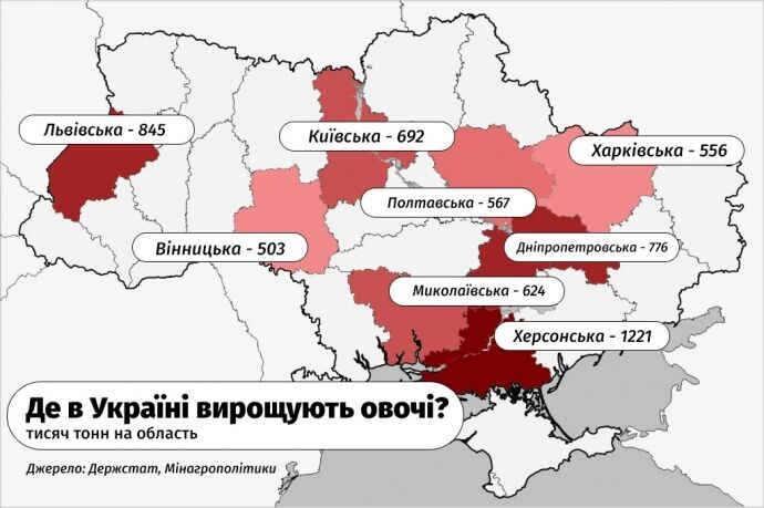 карта України, де позначено місця вирощення овочів