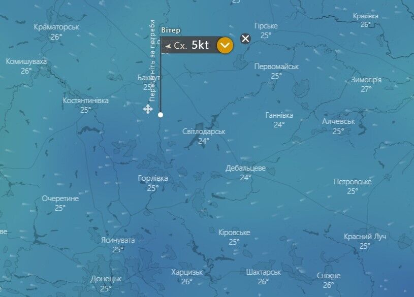Напрям руху аміачної хмари на Донеччині