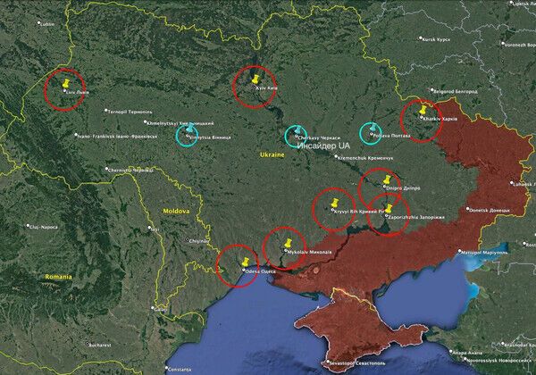 Гипотетическая карта покрытия крупнейших городов Украины систем ПВО NASAMS 2 и IRIS-T SLM (расположение – условное)