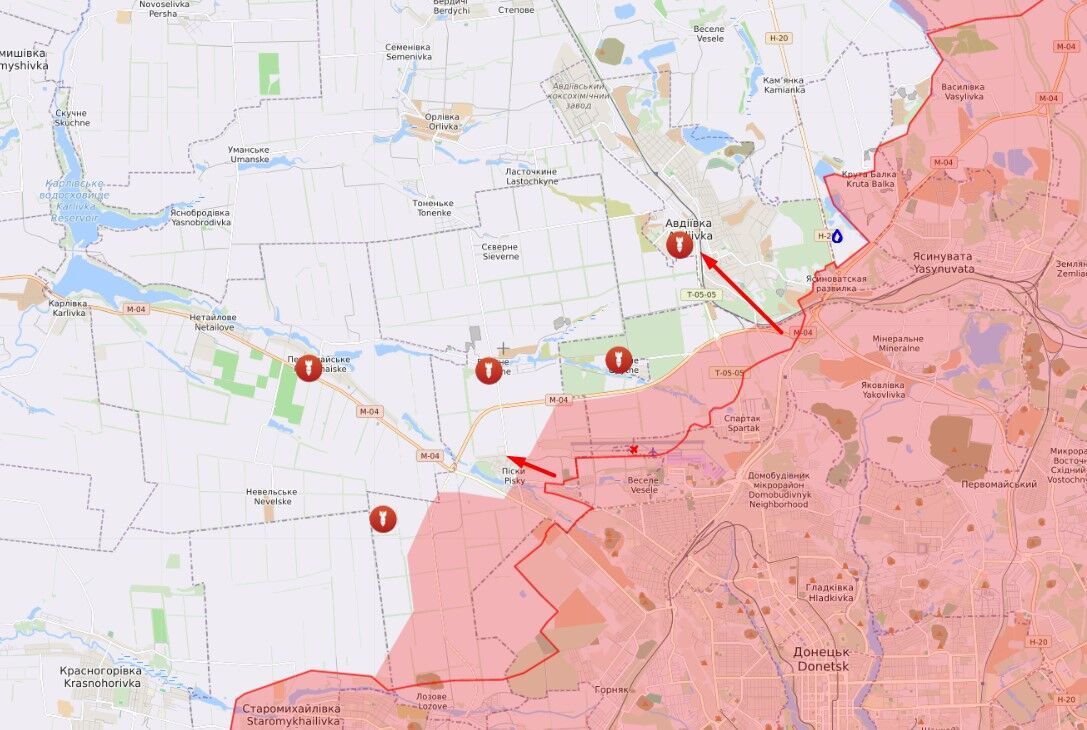 карта бойових дій біля Авдіївки на Донеччині