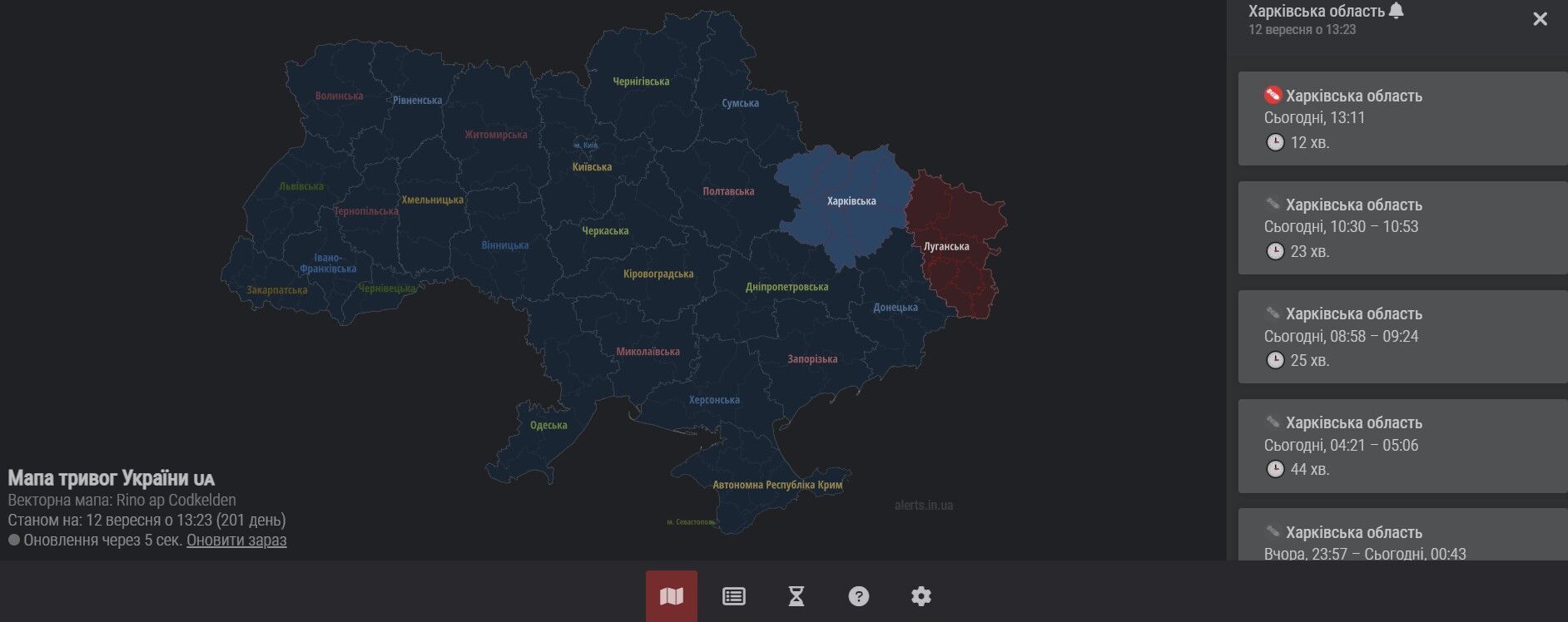 Карта воздушных тревог: Харьковская область