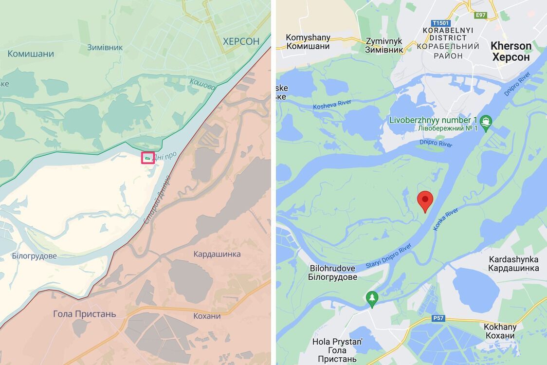 Великий Потьомкінський острів: точки, де встановлено український (ліве фото) та російський (праве фото) прапори