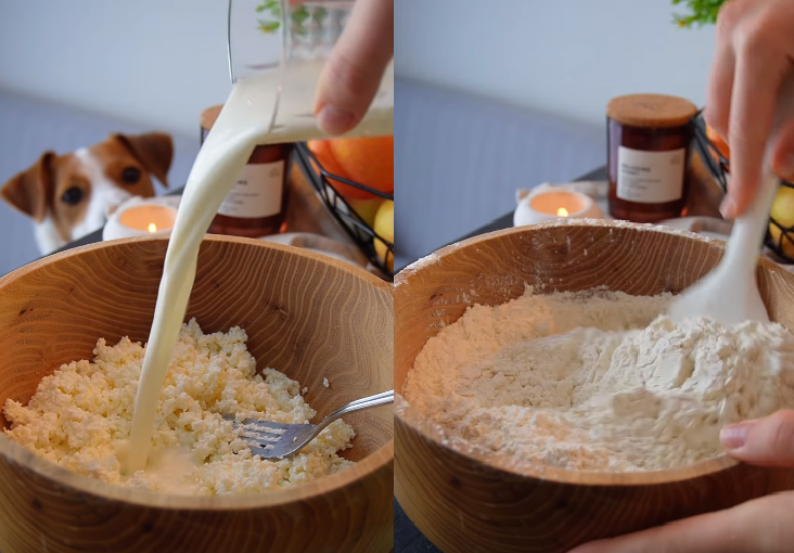 Беремо борошно та змішуємо його з розпушувачем та просіюємо до сирної маси