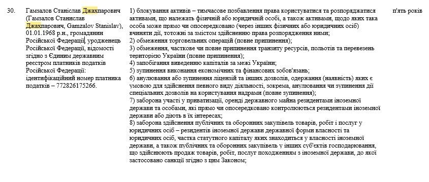 К Гамзалову Станиславу были применены персональные экономические и другие ограничительные меры (санкции)