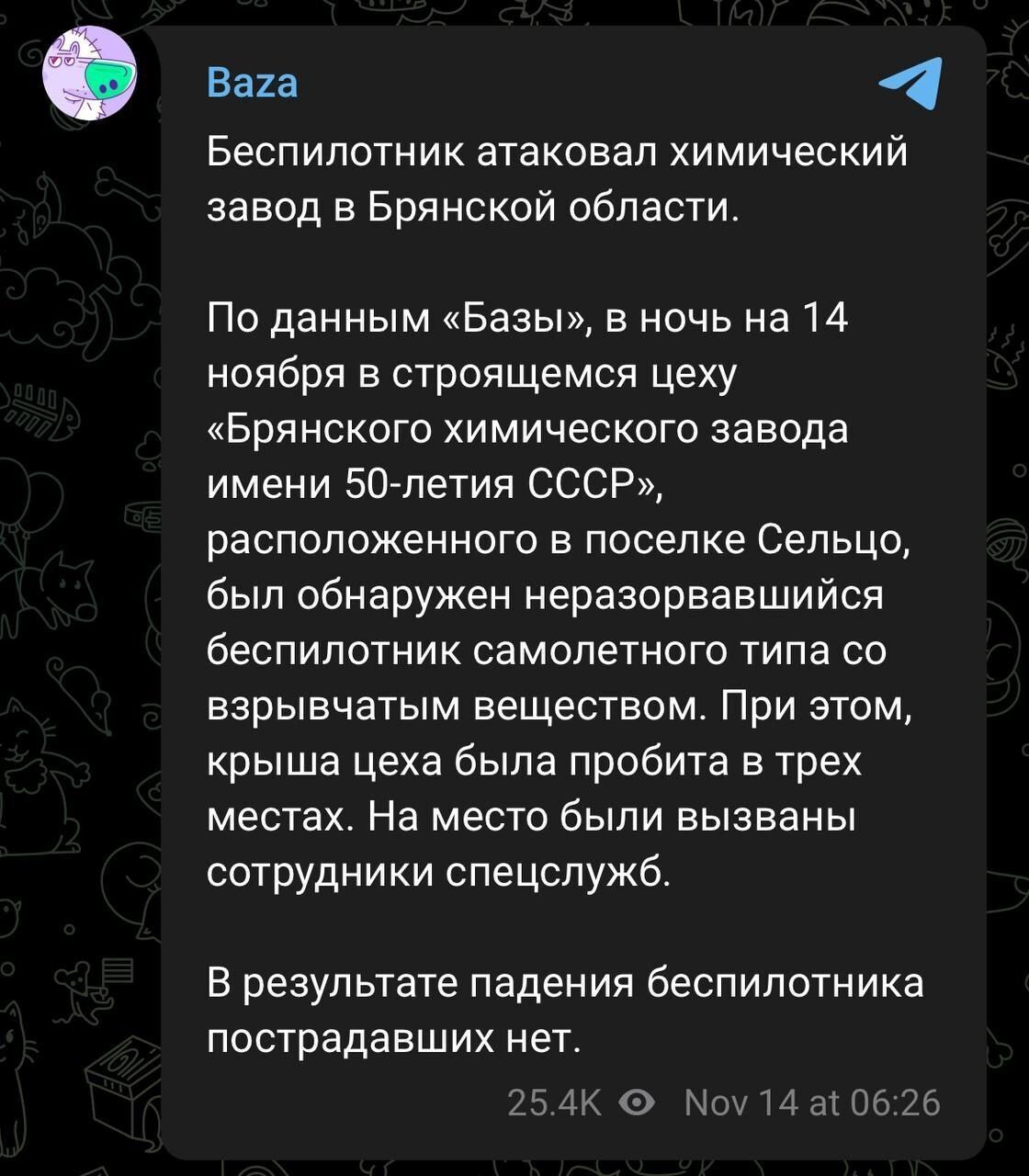 В Брянской области дрон атаковал химзавод, занимающийся производством  оружия и боеприпасов - Мир - StopCor