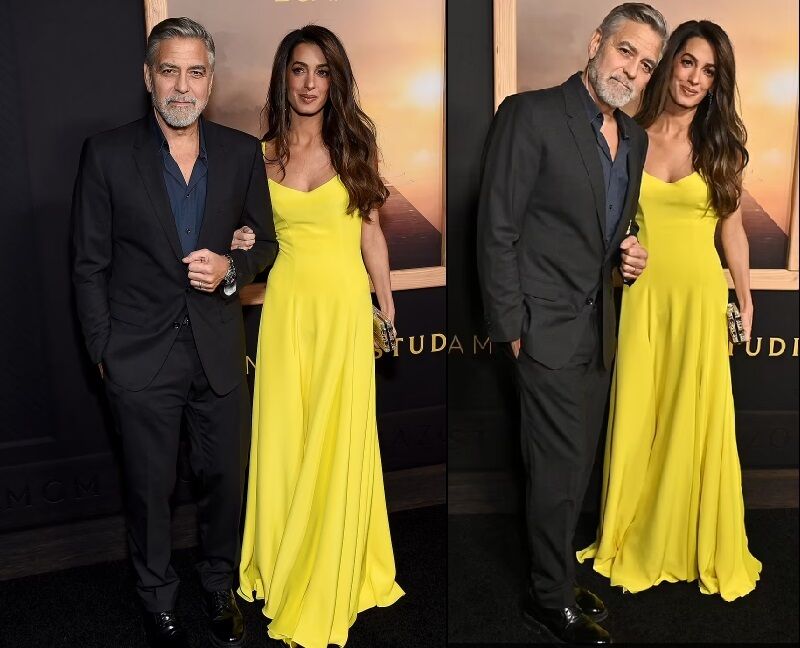 Амаль надела ярко-желтое платье и сияла рядом с мужем